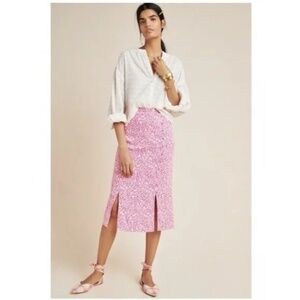 Anthropologie Mila Pink White Floral Button Front Pencil Skirt Size 8